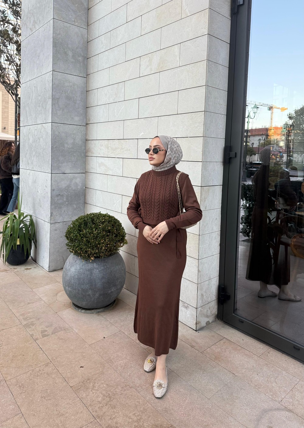 ELB-025H&R ButikTP-Üla Üst Pelerinli Triko Elbise Acı Kahve
