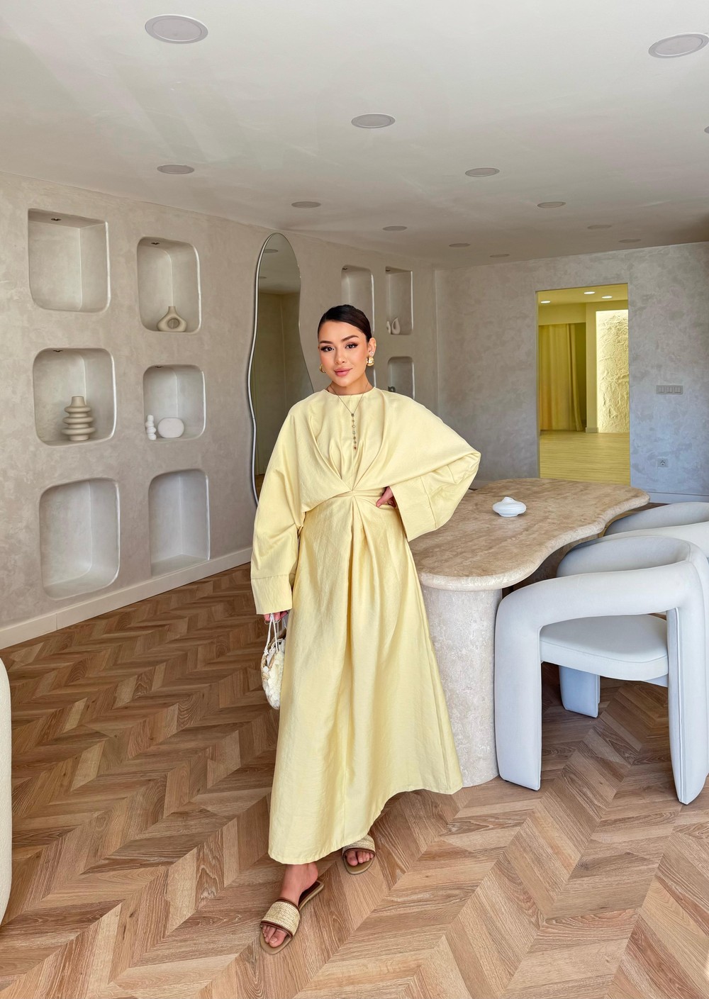 elbs-1675H&R ButikZendla Bel Bağlamalı Elbise Sarı