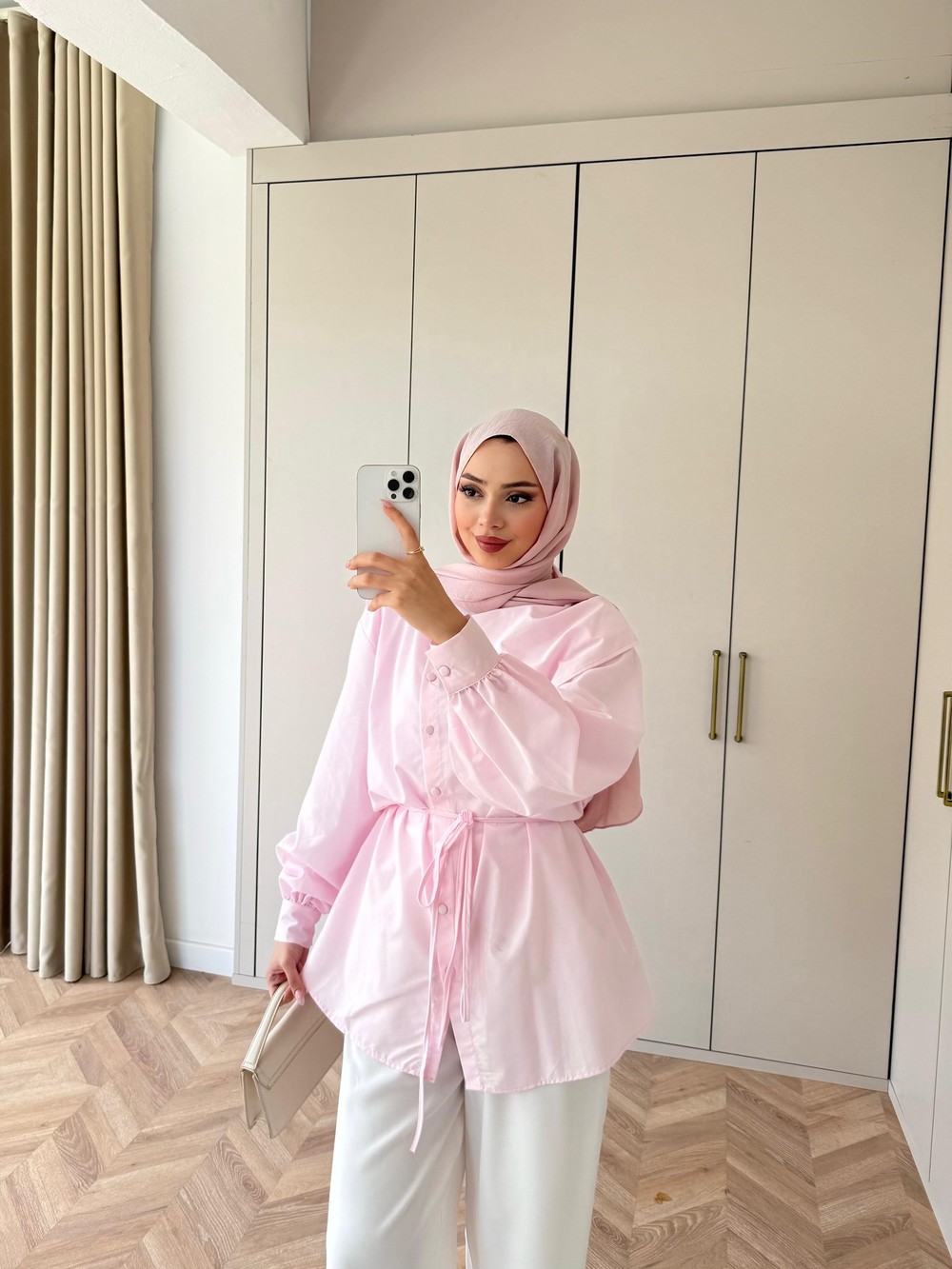 HR-1275H&R ButikHen81302 - Rea Omuzu Düğme Detaylı Gömlek Pembe