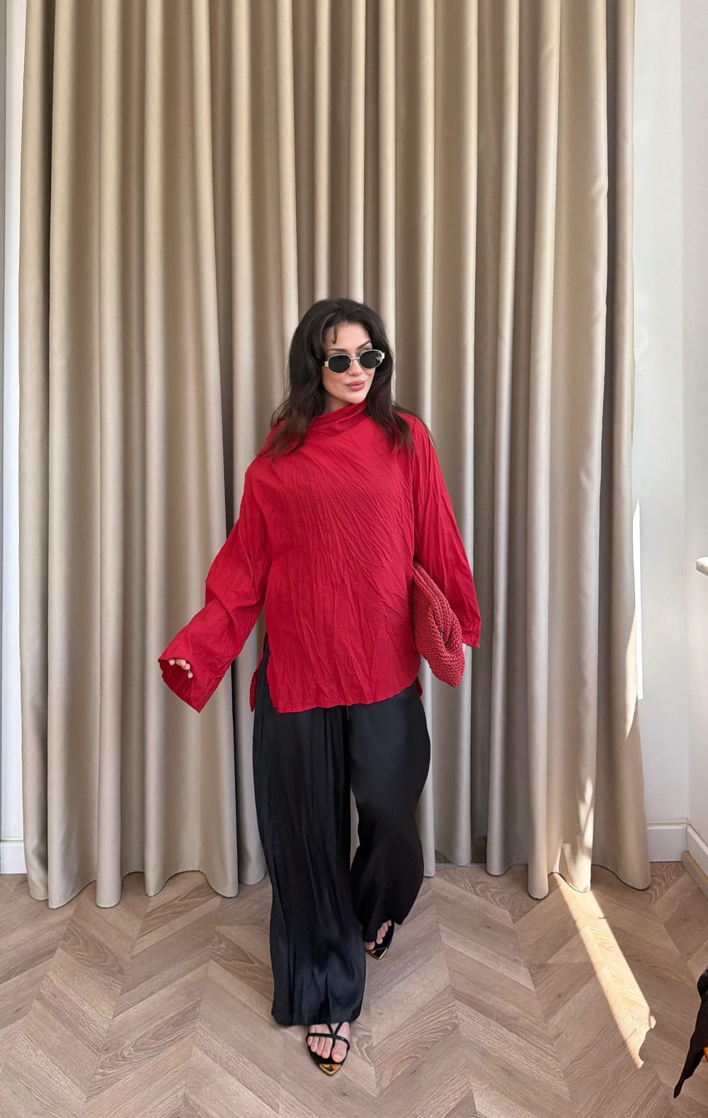 HR-1361H&R ButikPol - Kırışık Vual Gömlek Kırmızı
