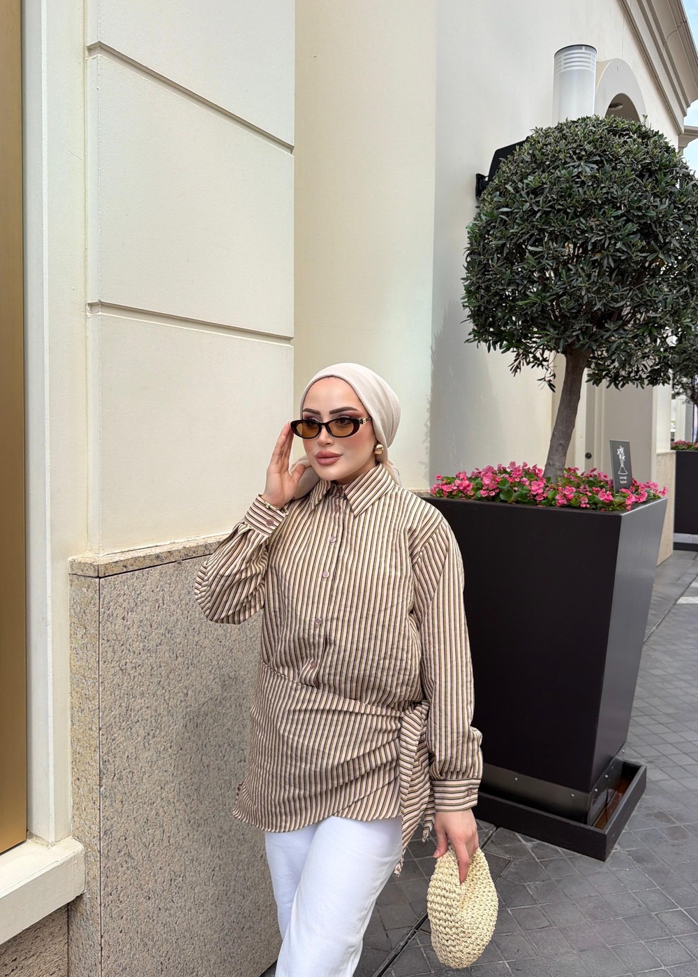 HR-1089H&R ButikTB - Serap Bağlama Detaylı Çizgili Gömlek Vizon