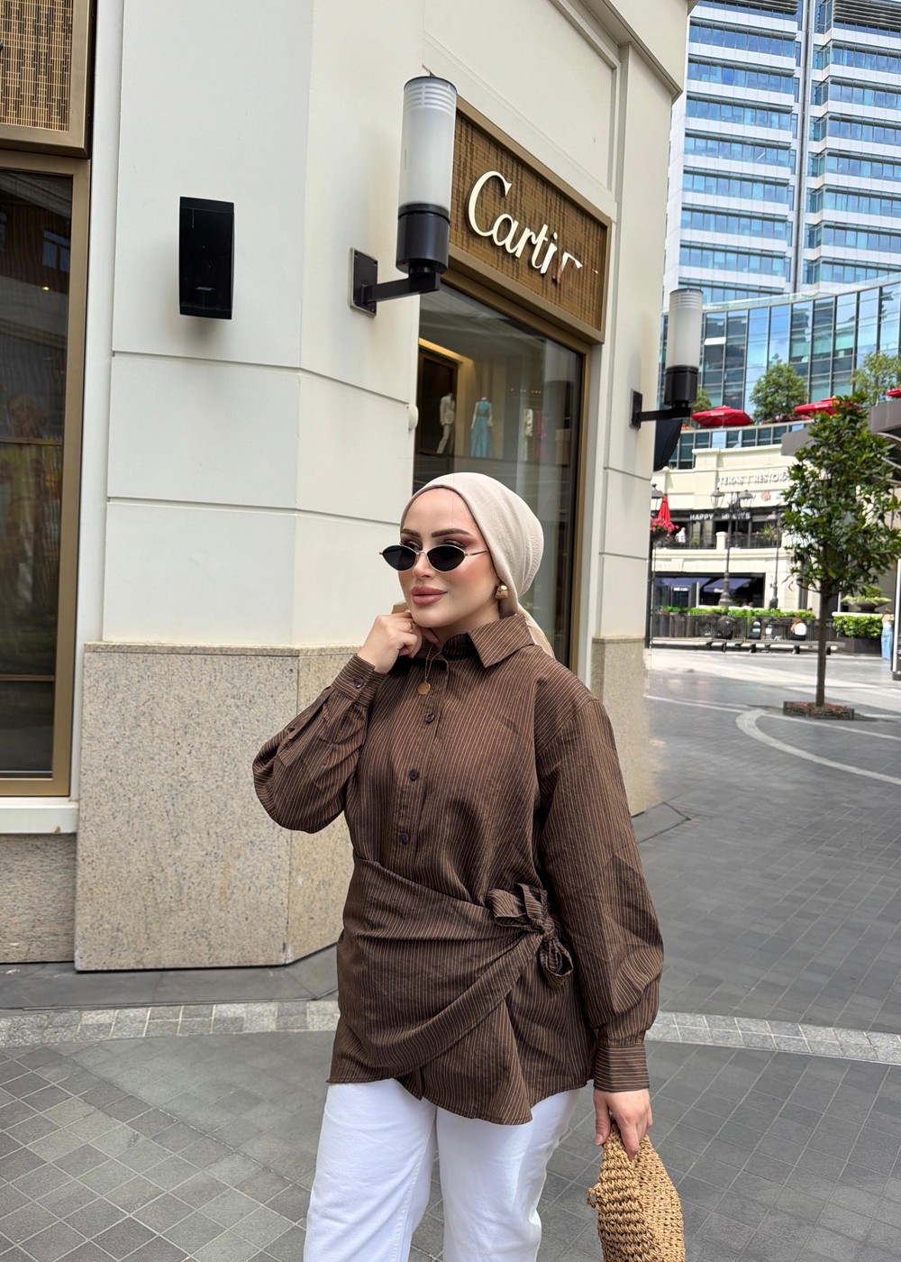 HR-1089H&R ButikTB - Serap Bağlama Detaylı Çizgili Gömlek Kahve