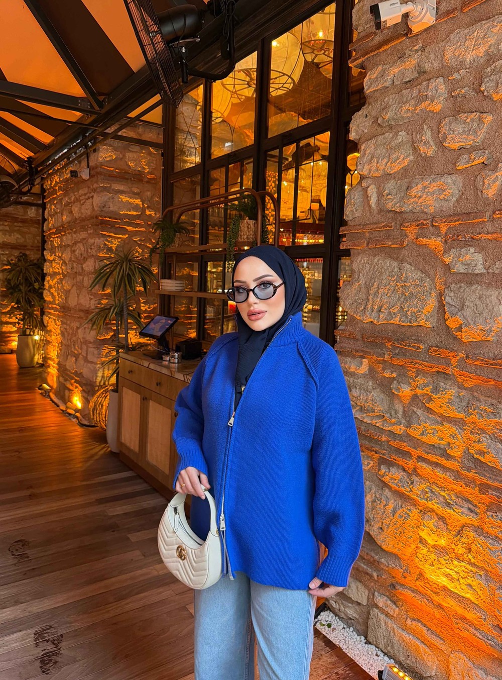 HR-3312H&R ButikMB - Esla Fermuarlı Triko Hırka Saks Mavi