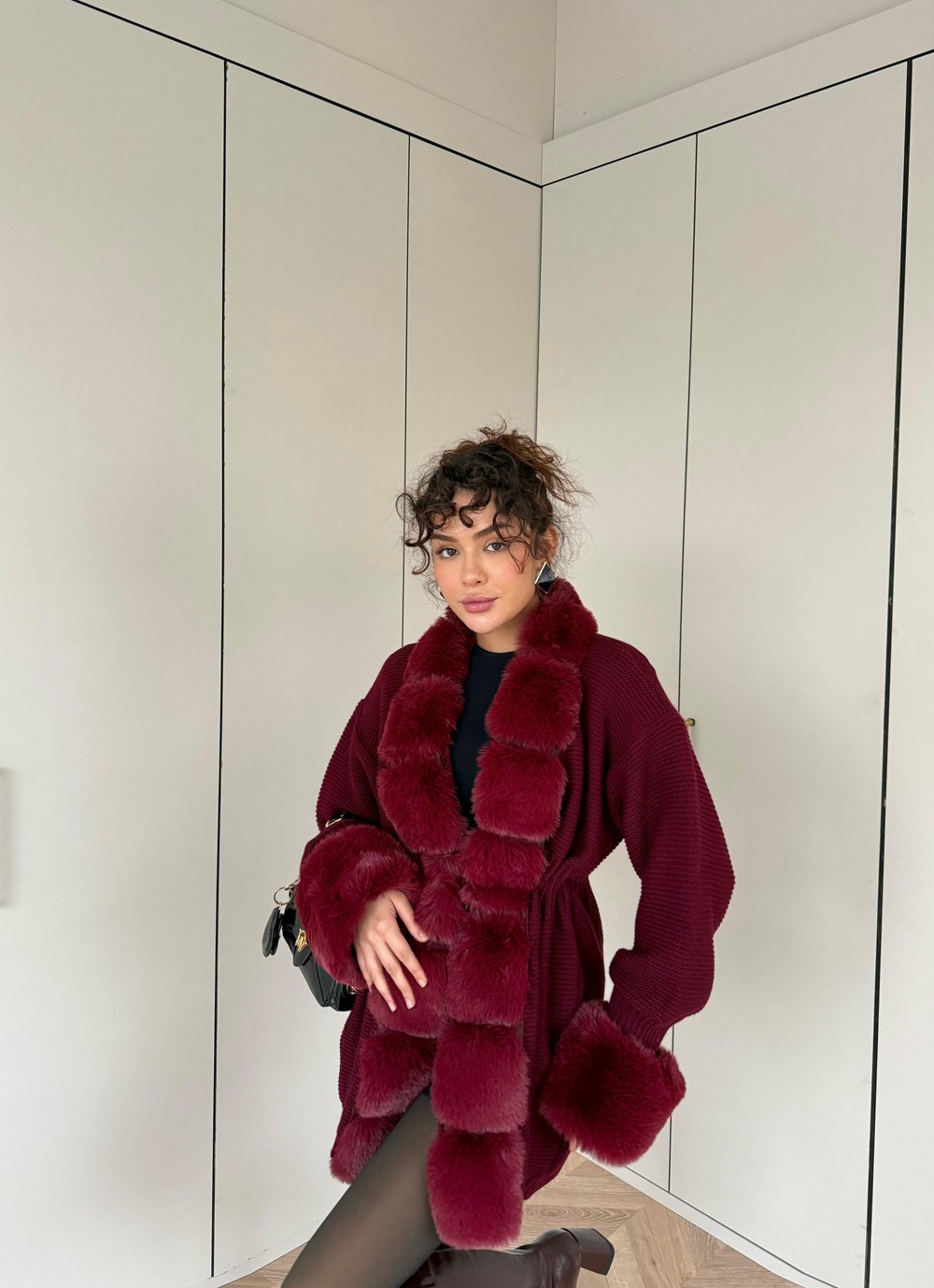 HIRKA-100H&R ButikPera Kürk Detaylı Hırka Bordo