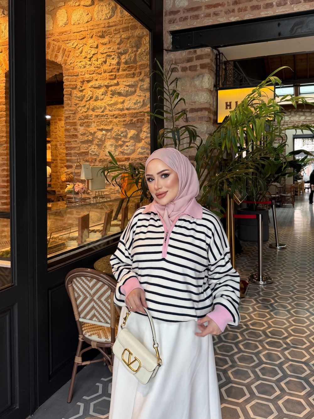 HR-3320H&R ButikHT- Çizgili Midi Triko Kazak Pembe Yaka