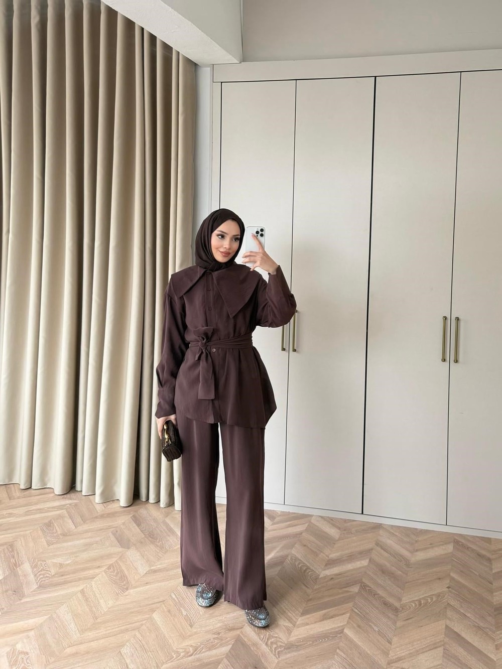 HR-0373H&R ButikBet-Eri Yan Düğmeli Modal Takım Kahve