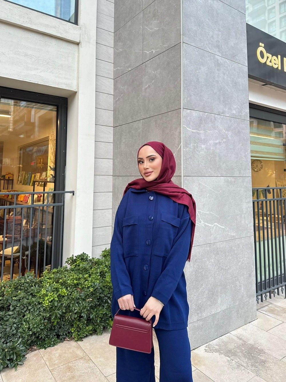 TAKM-245H&R ButikDüğme Detay Duble Örme Triko Takım - Lacivert