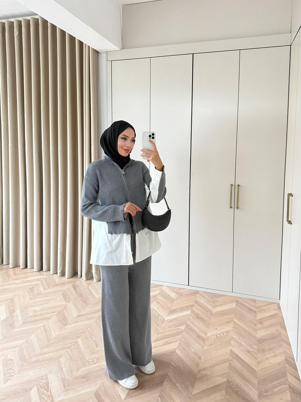 HR-3397H&R ButikDuq- Gömlek Detaylı Triko Takım Gri