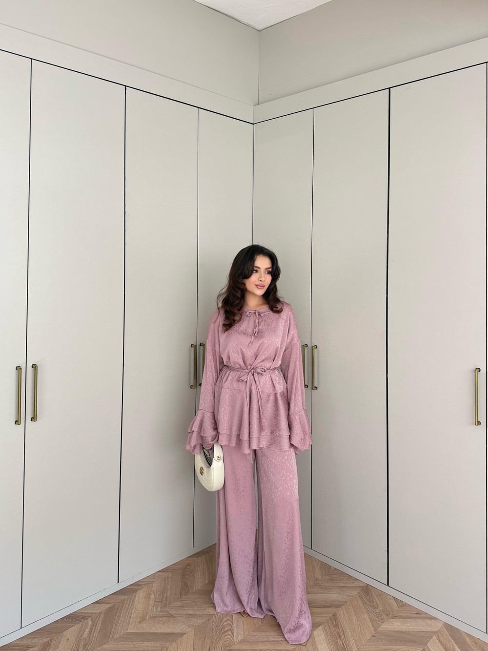 TAKM-2251H&R ButikEs-Danla Saten Kol Fırfırlı Takım Gül Kurusu