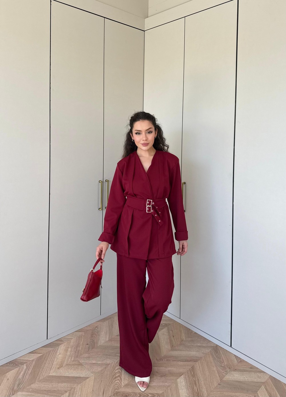 HR-0925H&R ButikHap - LeaL Kemerli Ceket Takım Bordo