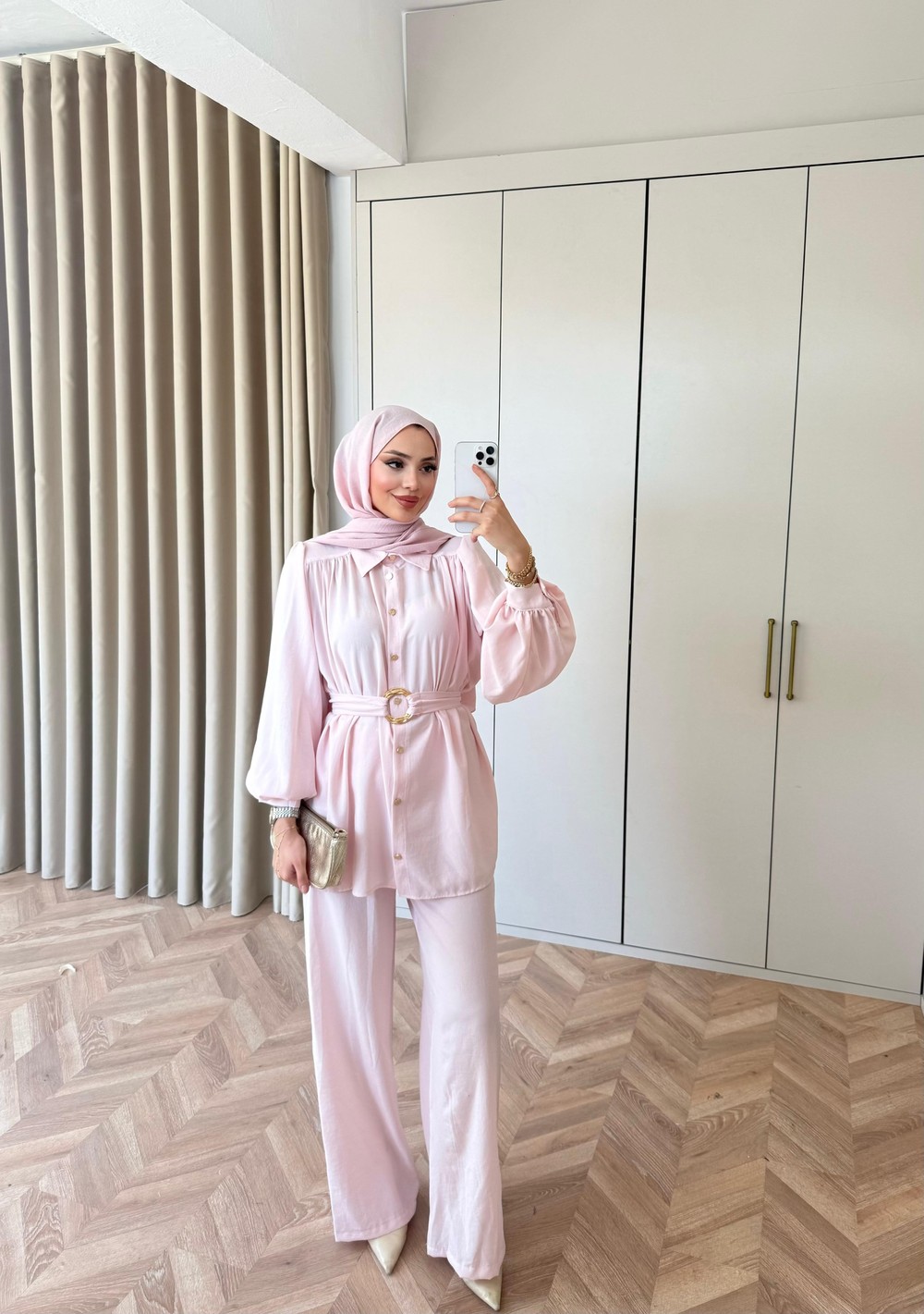 HR-0983H&R ButikHen- Risa Gold Kemerli Takım Pembe