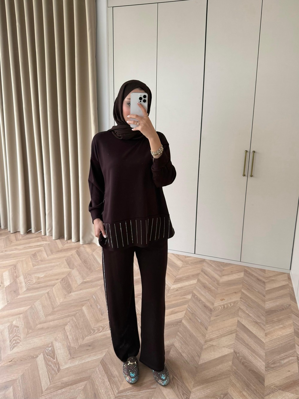 HR-0690H&R ButikHep-Qama Taşlı Oysh Takım Acı Kahve