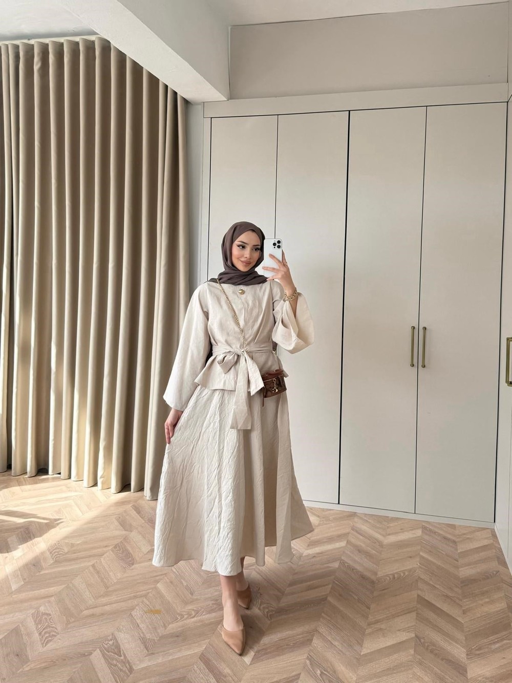 HR-0148H&R ButikHew- Ala Bağlamalı Etekli Takım Taş Rengi