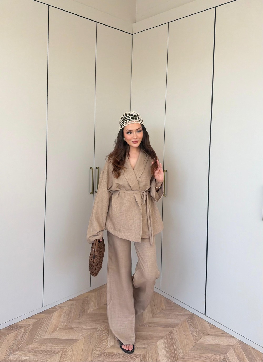 HR-1044H&R ButikNurül Keten Bağcıklı Takım Koyu Camel
