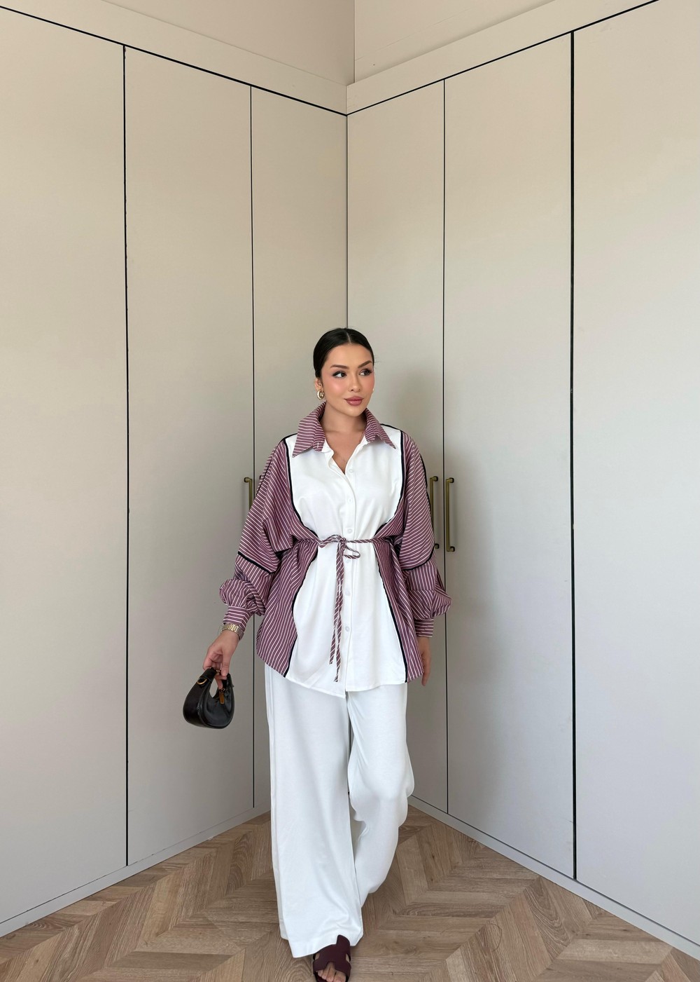 HR-2833H&R ButikPw - Nesa Çizgi Detaylı Oysh Takım Bordo