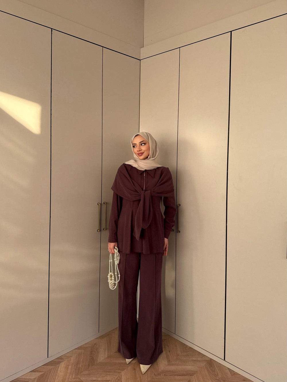 TAKM-2199H&R ButikQu-Hilla Atkı Detaylı Modal Takım Bordo