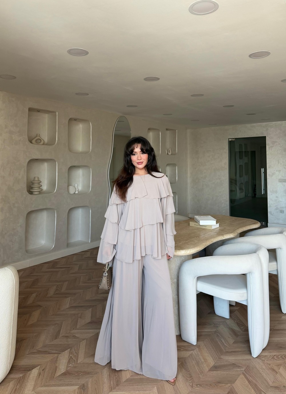 HR-1367H&R ButikQu - Şiza Üst Kat Kat Şifon Takım Vizon