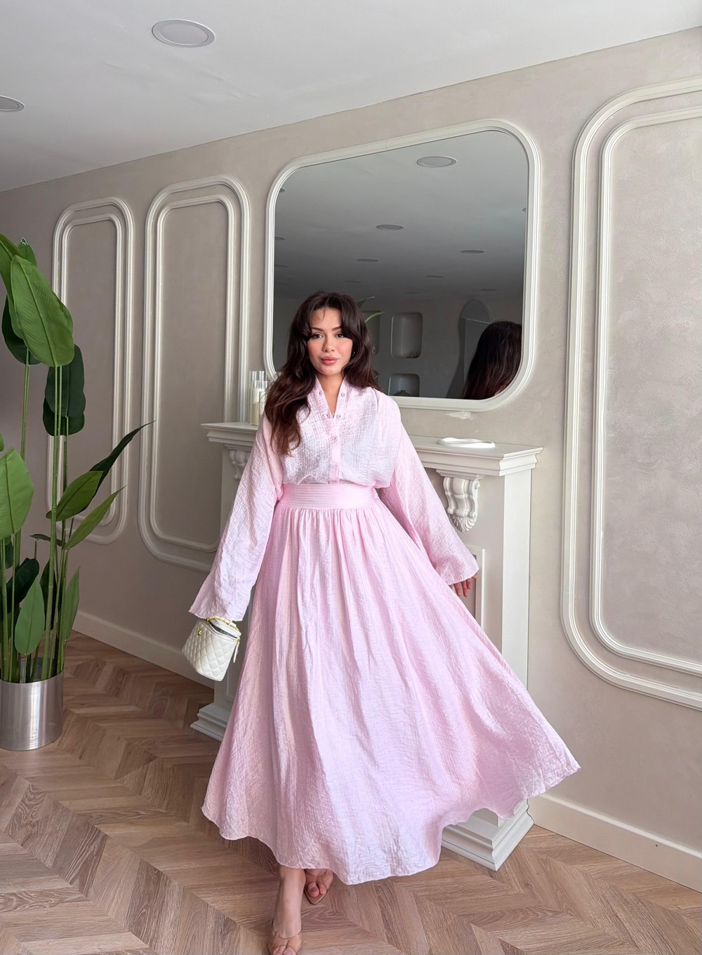 HR-1325H&R ButikTB - Elida Ön Düğmeli Etekli Takım Pembe