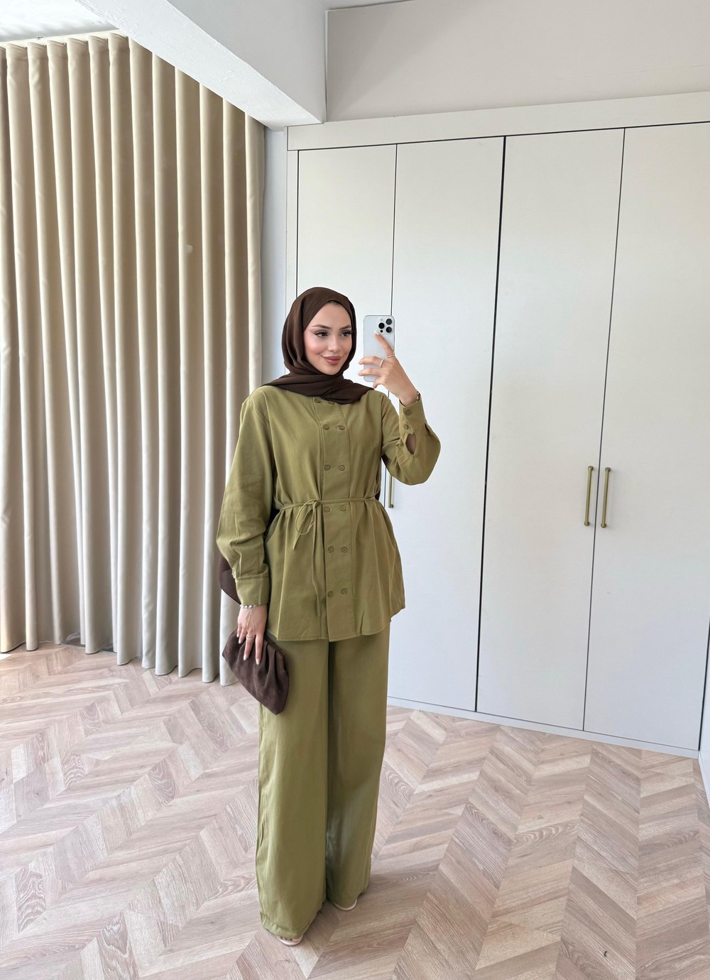HR-1374H&R ButikTB - Rişa Ön 2 Komple Düğmeli Keten Takım Yağ Yeşili