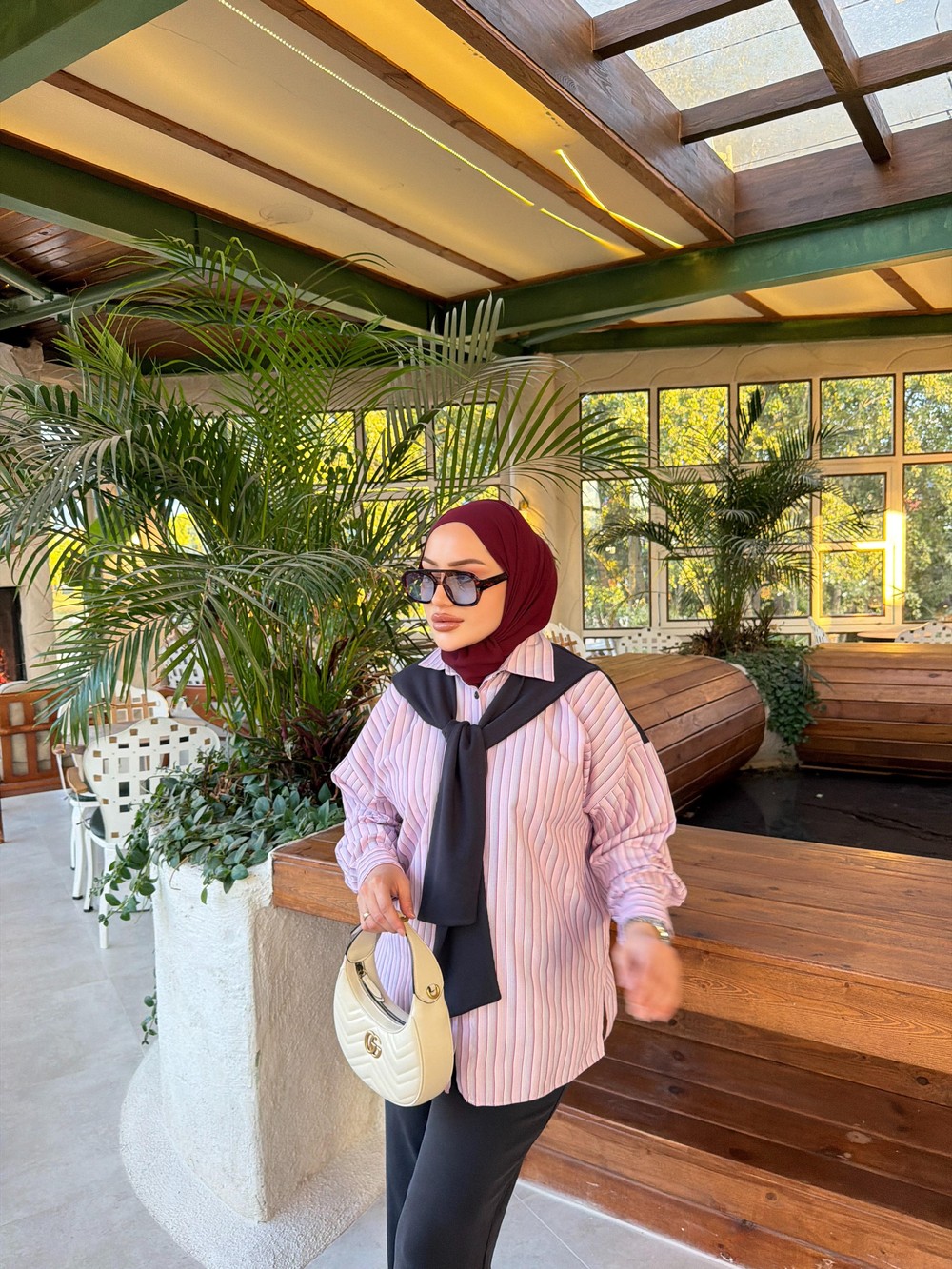 HR-3058H&R ButikNG-Cena Atkı Detaylı Tunik Pembe Lacivert