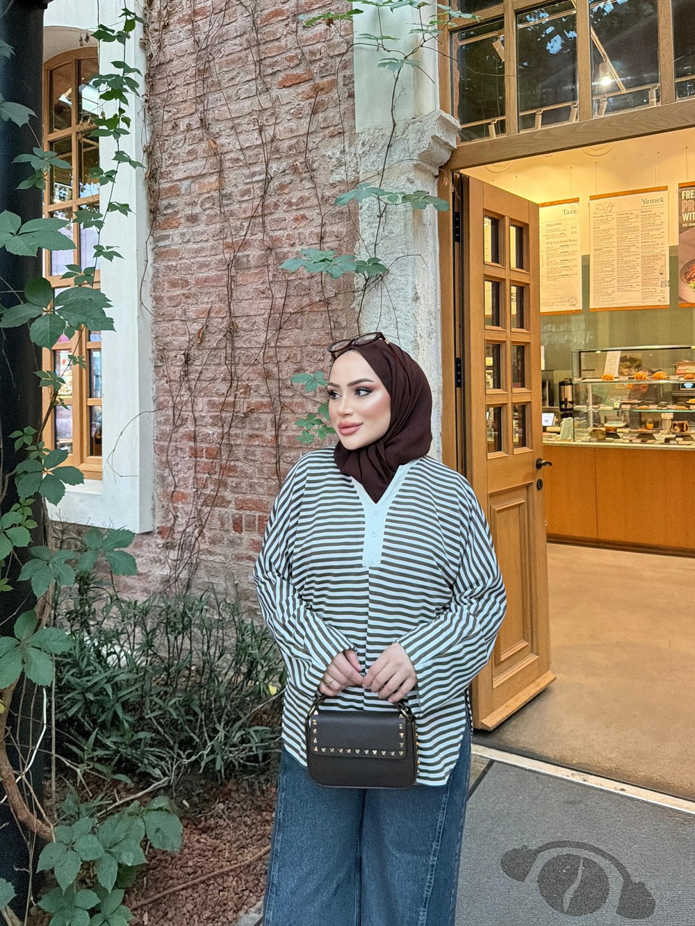HR-3405H&R ButikNG- Çizgili Ön Düğmeli Tunik Haki