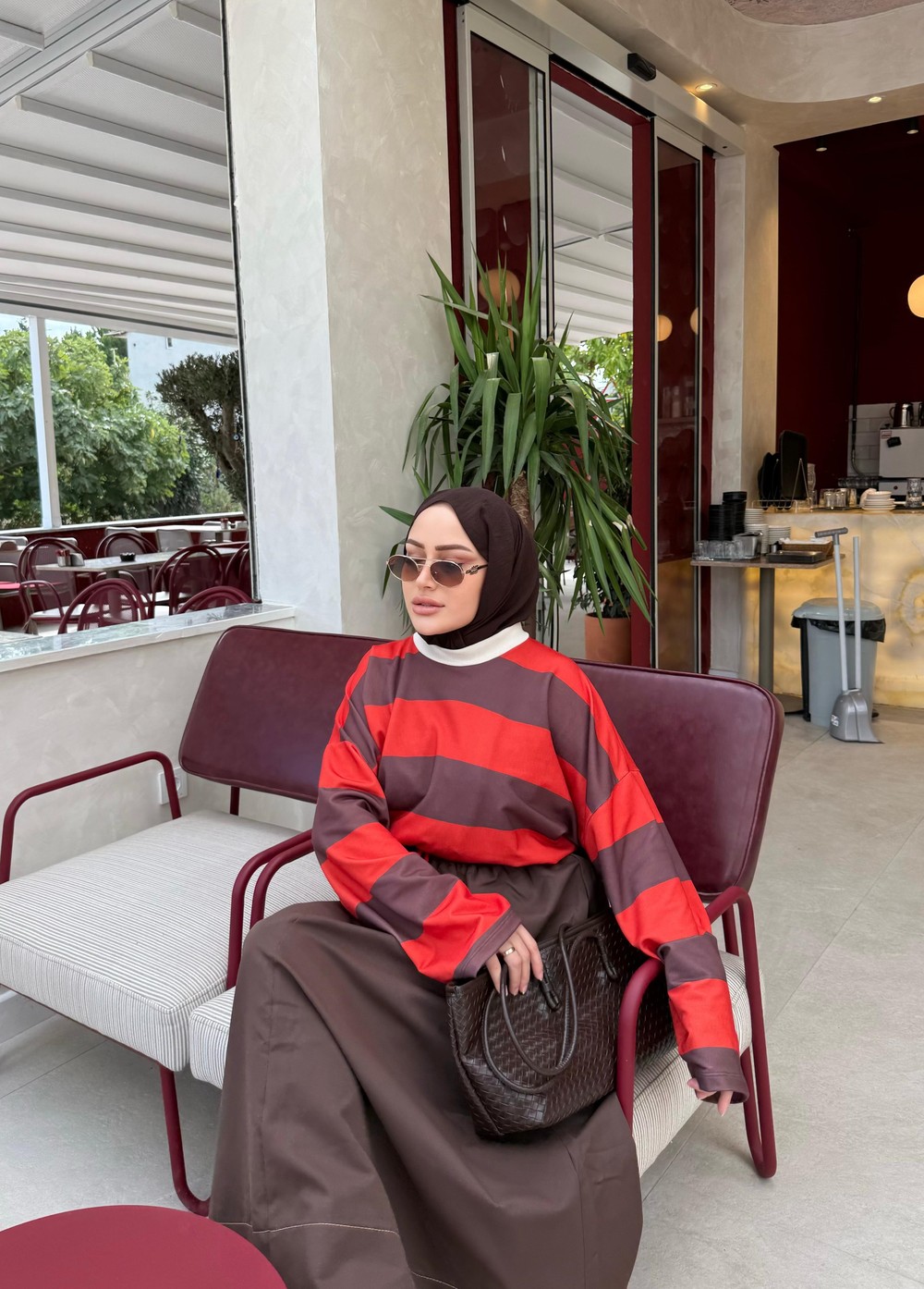 HR-3035H&R ButikNG- Lis Çizgi Desen Tunik Kahve-Kırmızı