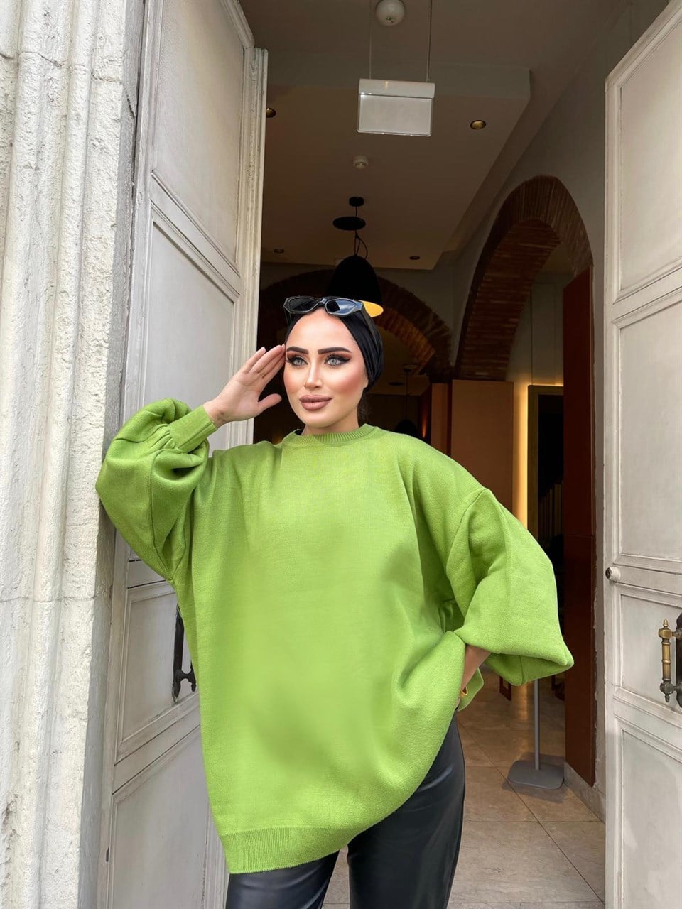 KAZK-05-1H&R ButikBalon Kol Triko Kazak Neon Yeşili