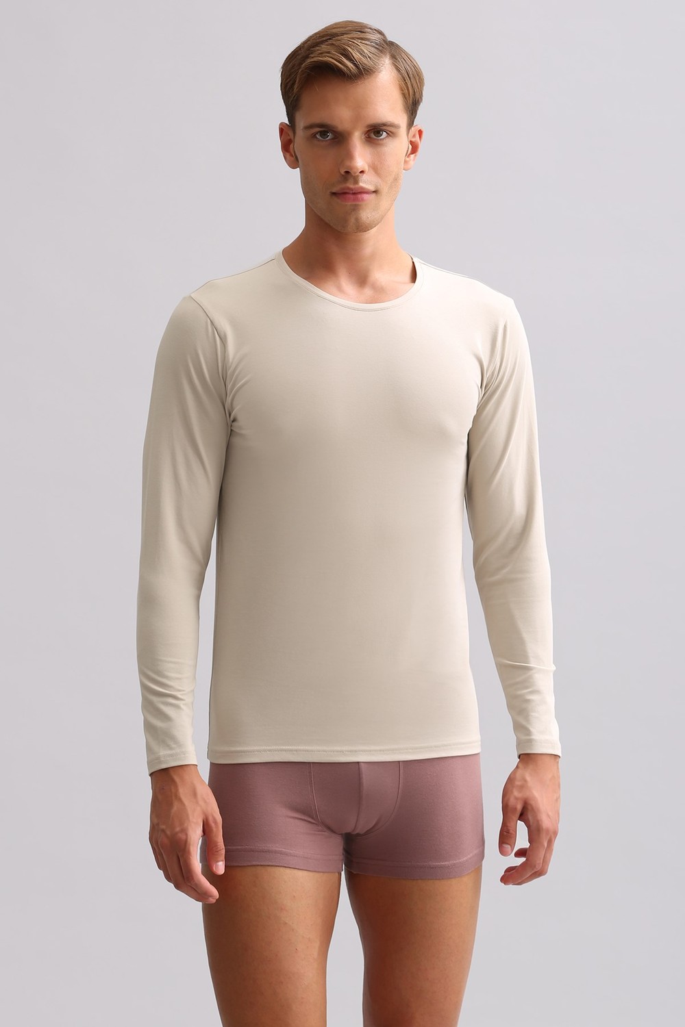 Erkek Modal by TENCEL HERCULES Slim Fit Bisiklet Yaka Uzun Kollu Fanila Toprak Bej