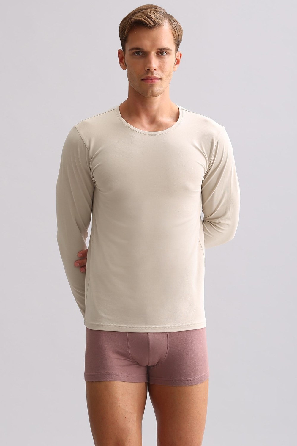 Erkek Modal by TENCEL HERCULES Slim Fit Bisiklet Yaka Uzun Kollu Fanila Toprak Bej