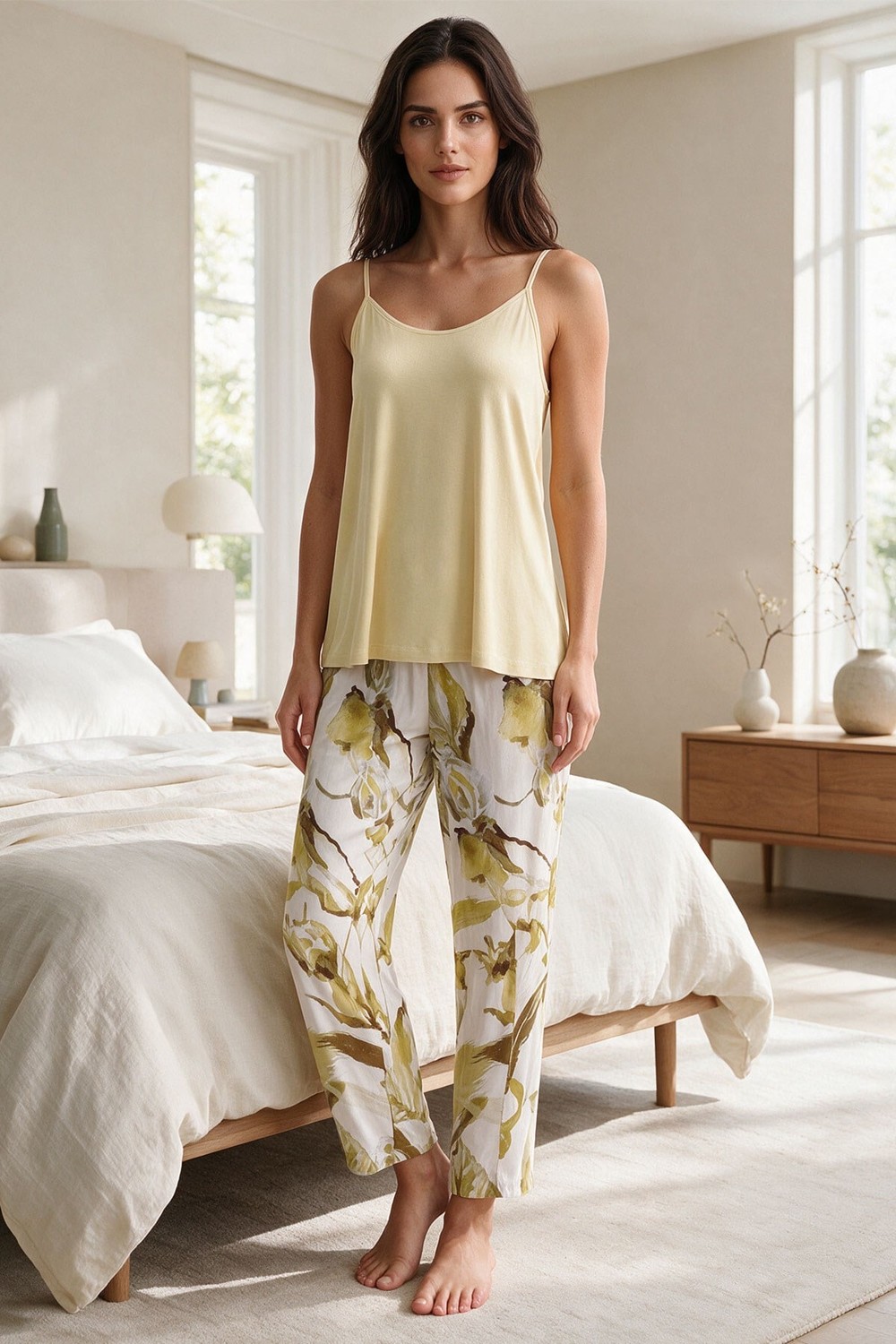 Kadın Viscon Askılı Tshirt Pijama İkili Takım Hardal