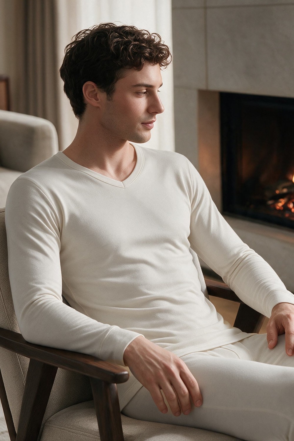 Mısırlı BAMBU TERMAL V Yaka Uzun Kollu Fanila / Sweatshirt Ekru