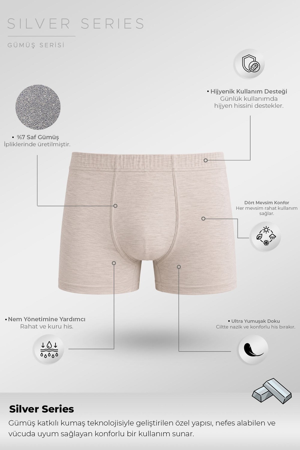 Mısırlı Erkek Gümüş Kısa Boxer Gri Melanj