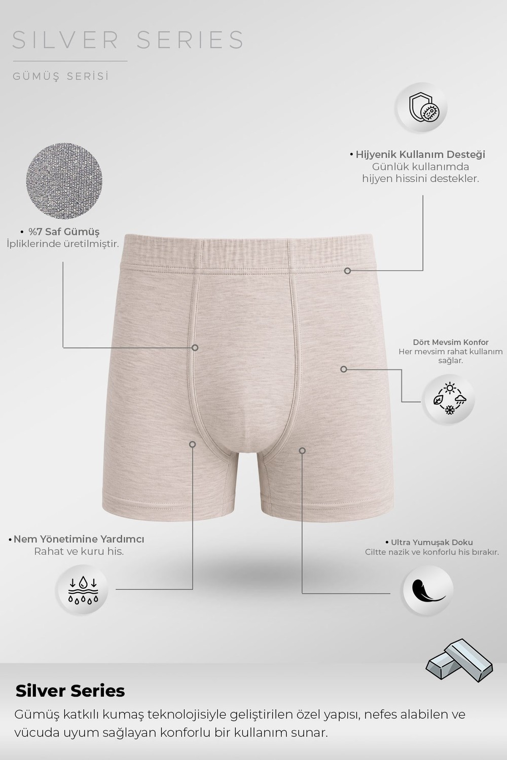 Mısırlı Erkek Gümüş Uzun Boxer Gri Melanj