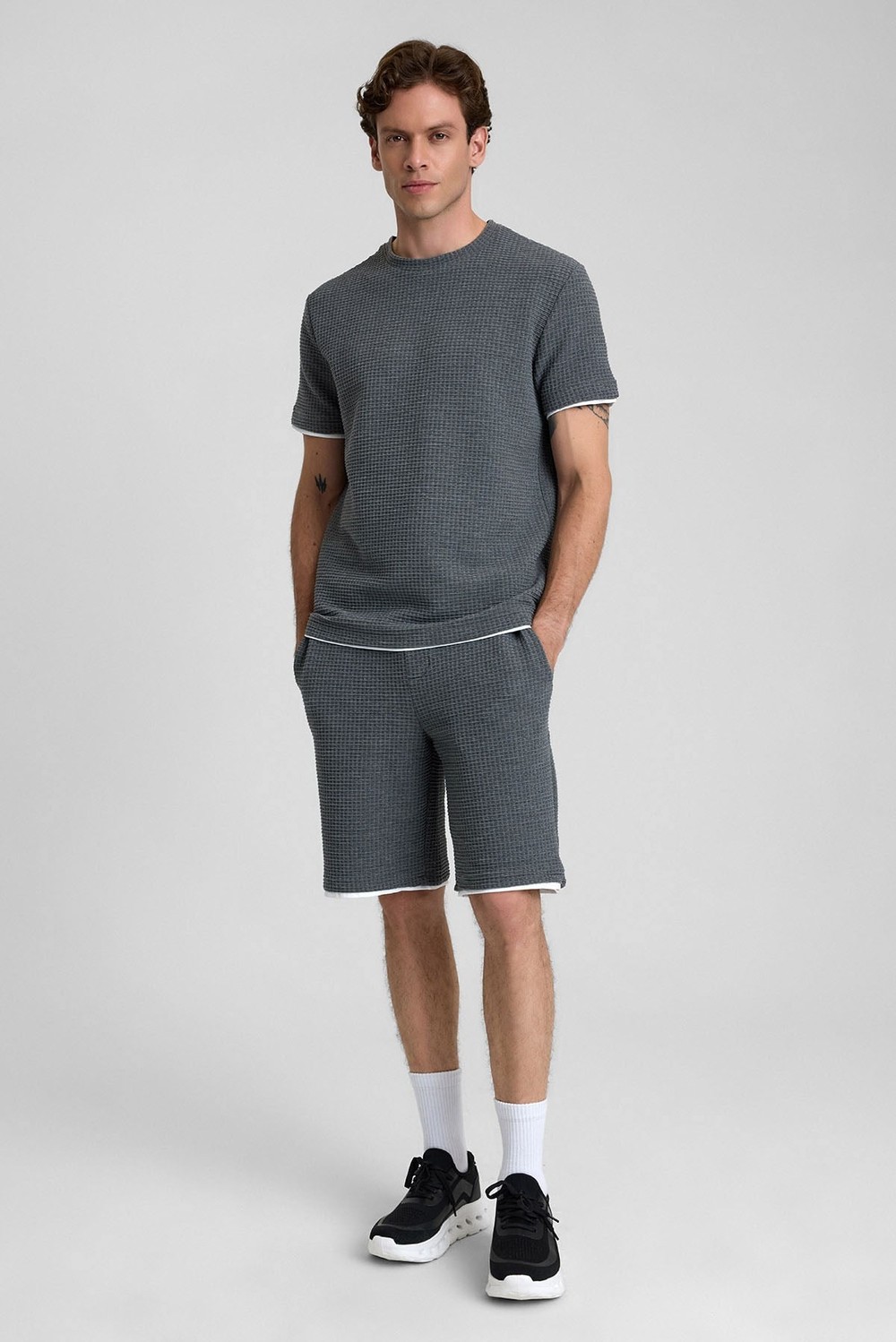 Mısırlı Erkek Jakarlı İnterlok Petek Desen Gofre SLIM FIT T-shirt Antrasit