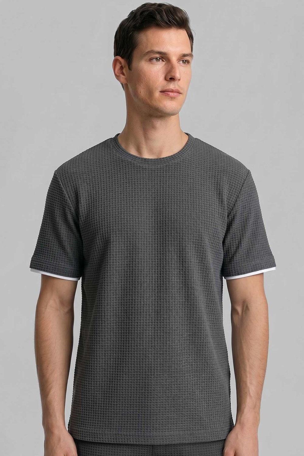 Mısırlı Erkek Jakarlı İnterlok Petek Desen Gofre T-shirt Antrasit