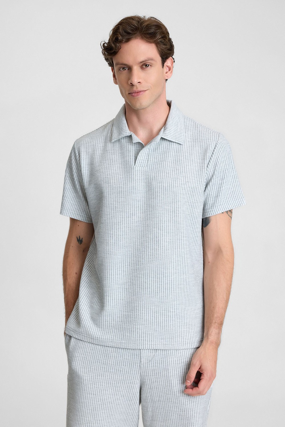 Mısırlı Erkek Jakarlı İnterlok Viskon Polo Yaka T-shirt Gri
