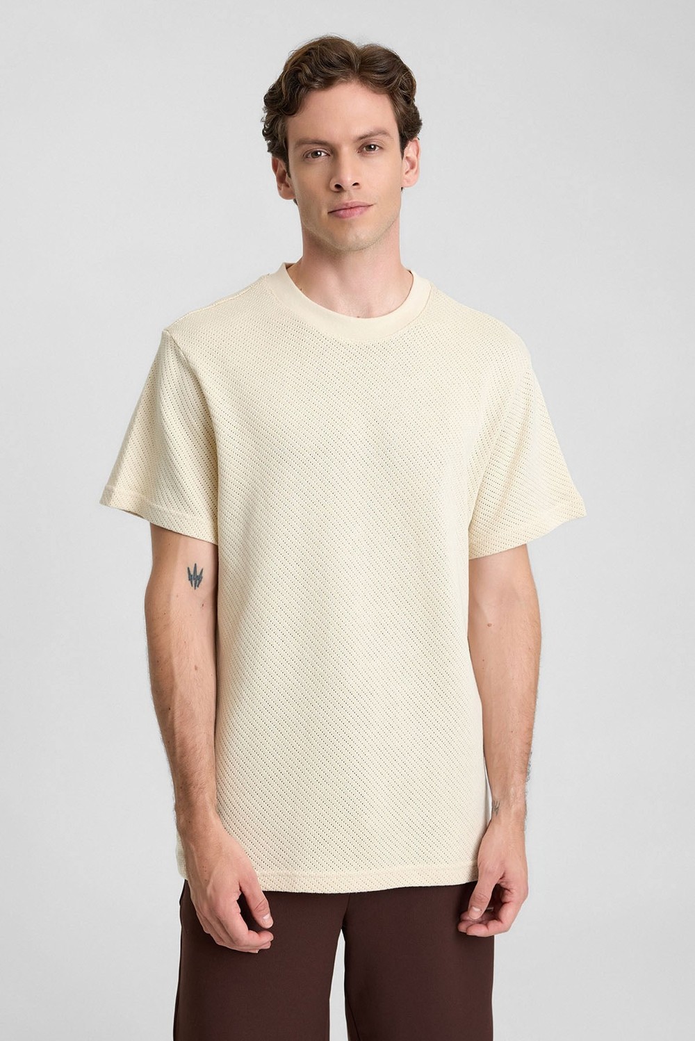 Mısırlı Erkek Jakarlı Pamuk Bisiklet Yaka OVERSİZE T-shirt Bej