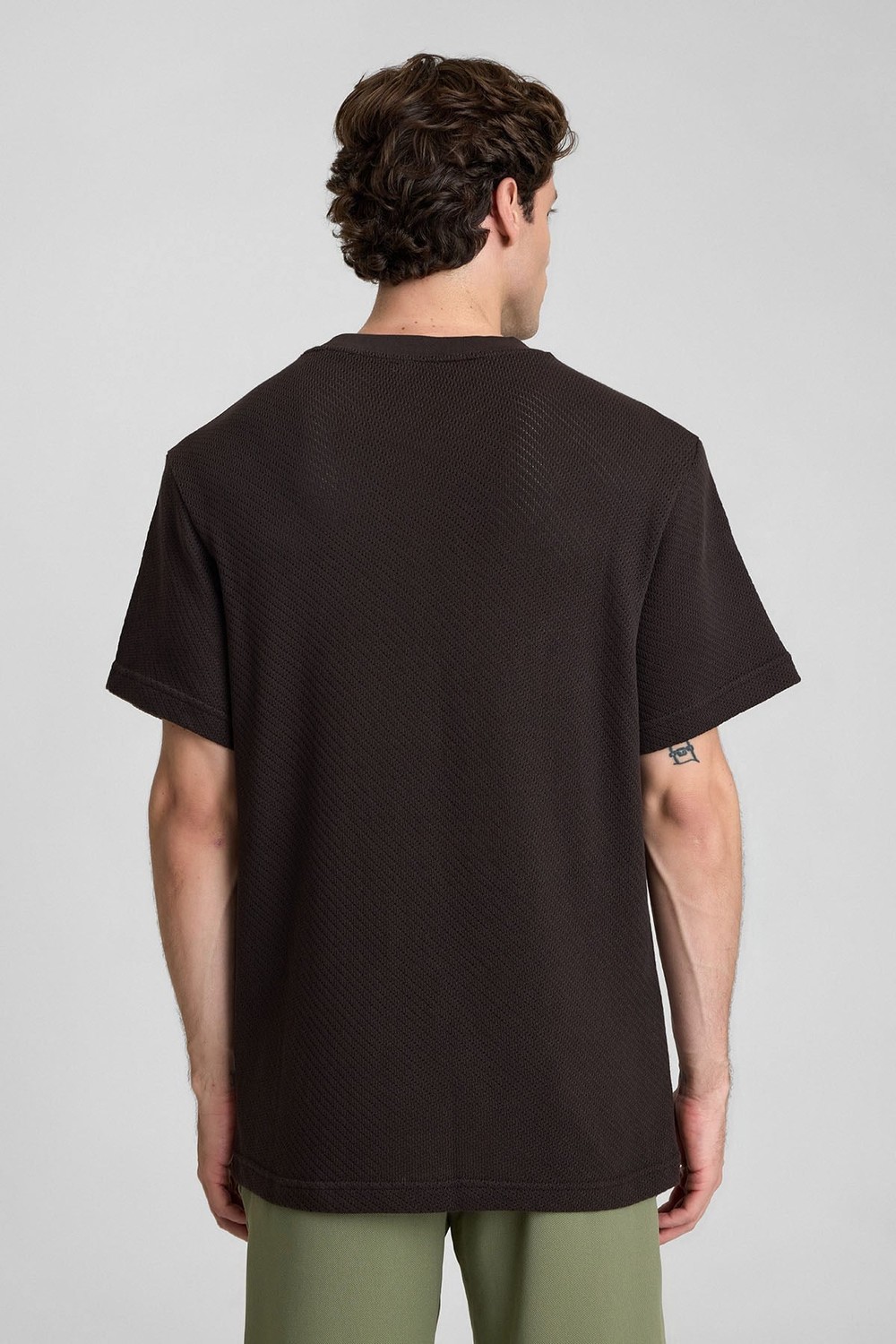 Mısırlı Erkek Jakarlı Pamuk Bisiklet Yaka OVERSİZE T-shirt Koyu Kahverengi