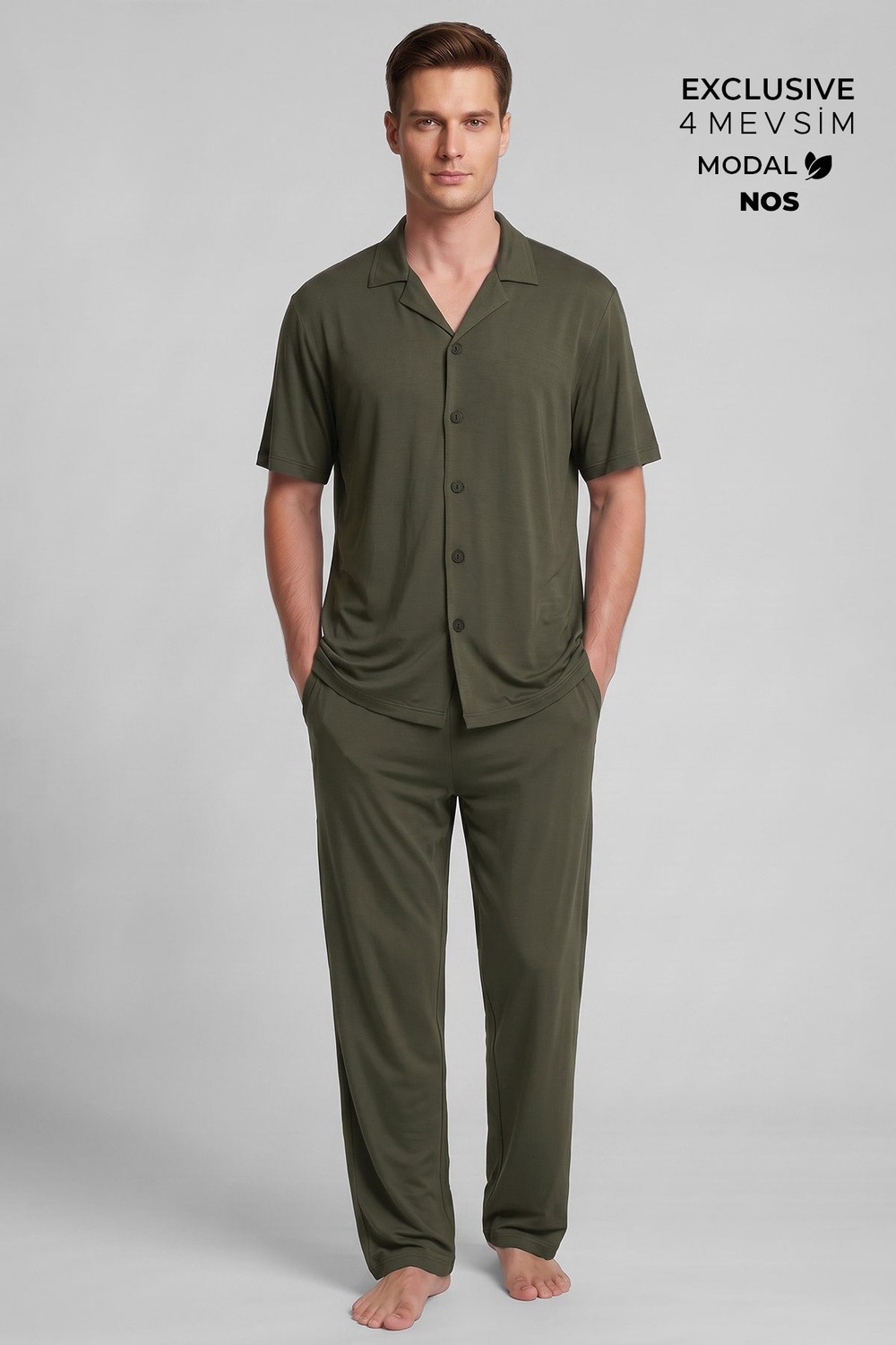 Mısırlı Erkek Modal Karışımlı Düğmeli Pijama Takım Haki