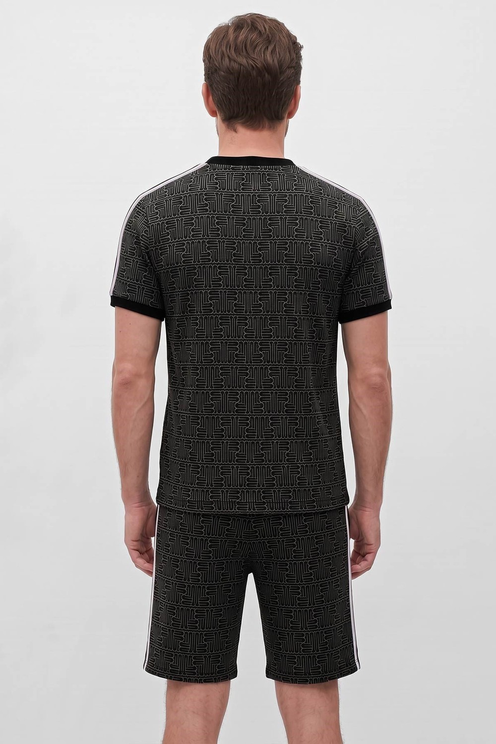 Mısırlı Erkek Monogram Desenli Slim Fit Tshirt Sort Takım Siyah