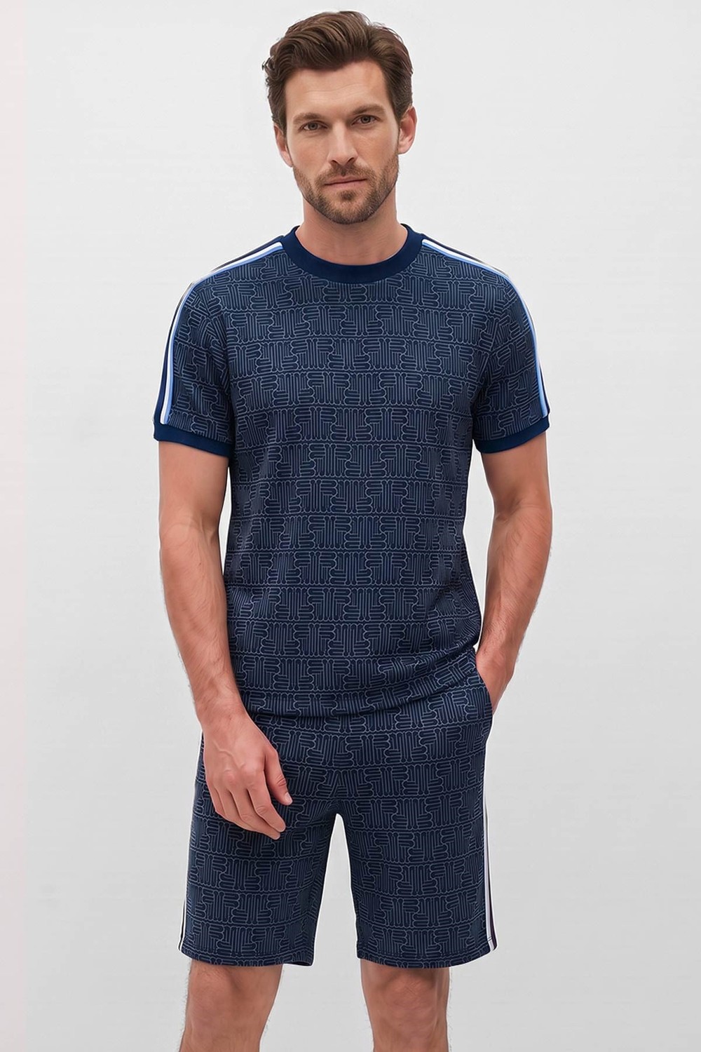 Mısırlı Erkek Monogram Desenli Slim Fit Tshirt Sort Takım Lacivert