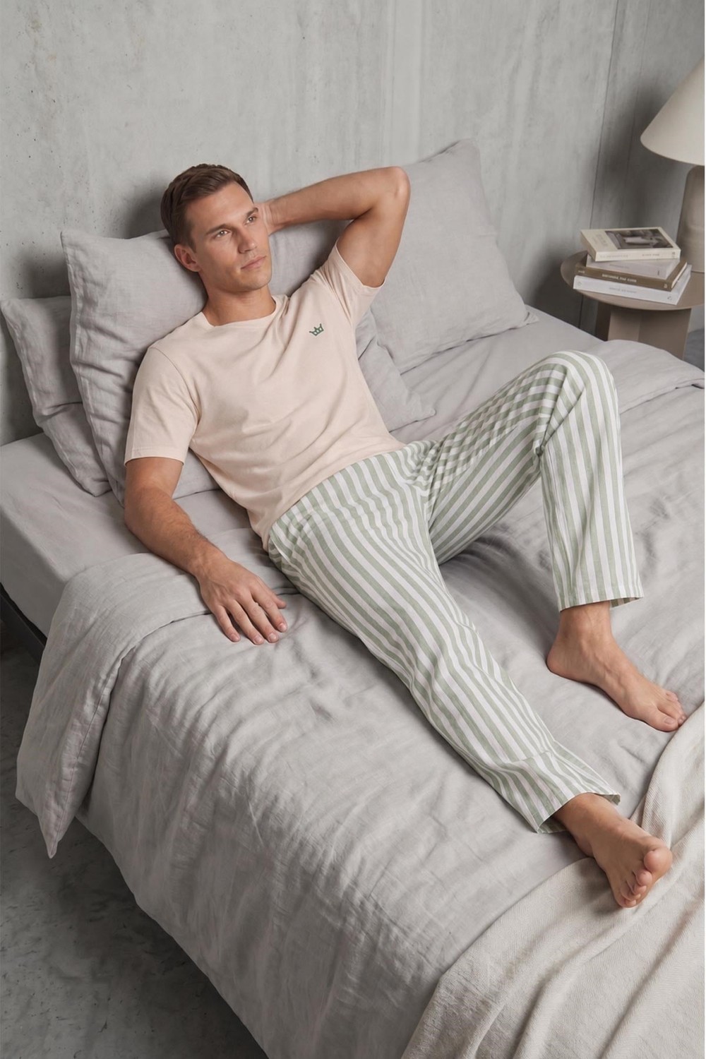 Mısırlı Erkek Pamuk Çizgili Pijama Takım Bej-Ada Çayı