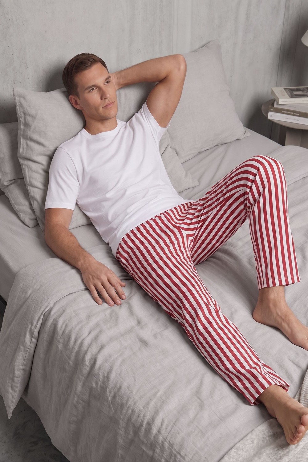 Mısırlı Erkek Pamuk Çizgili Pijama Takım Beyaz-Kırmızı