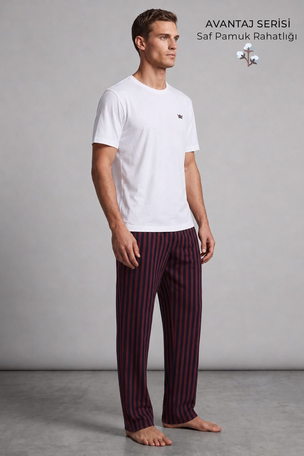 Mısırlı Erkek Pamuk Çizgili Pijama Takım Beyaz-Bordo