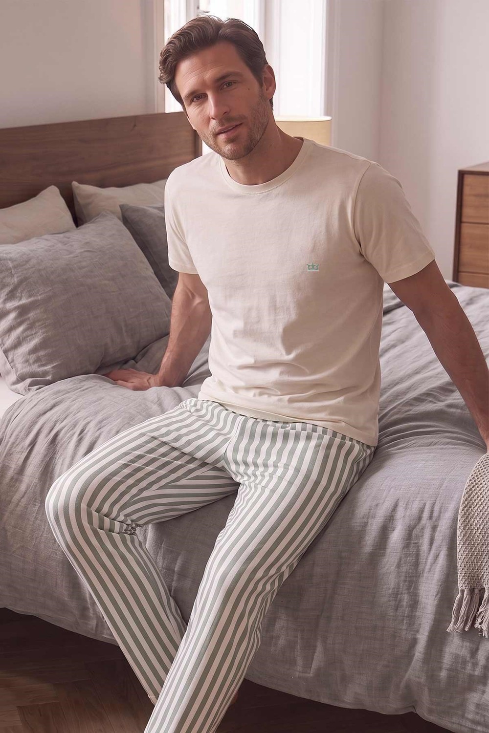 Mısırlı Erkek Pamuk Çizgili Pijama Takım Beyaz-Yeşil