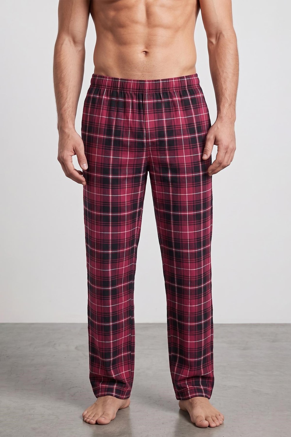 Mısırlı Erkek Pamuk Ekoseli Alt Pijama Açık Kırmızıı