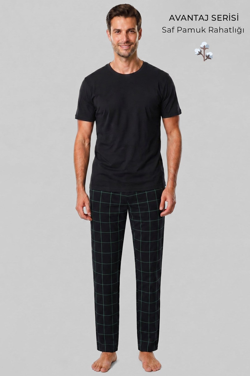 Mısırlı Erkek Pamuk İnce Ekoseli Alt  Pijama Siyah-Mint