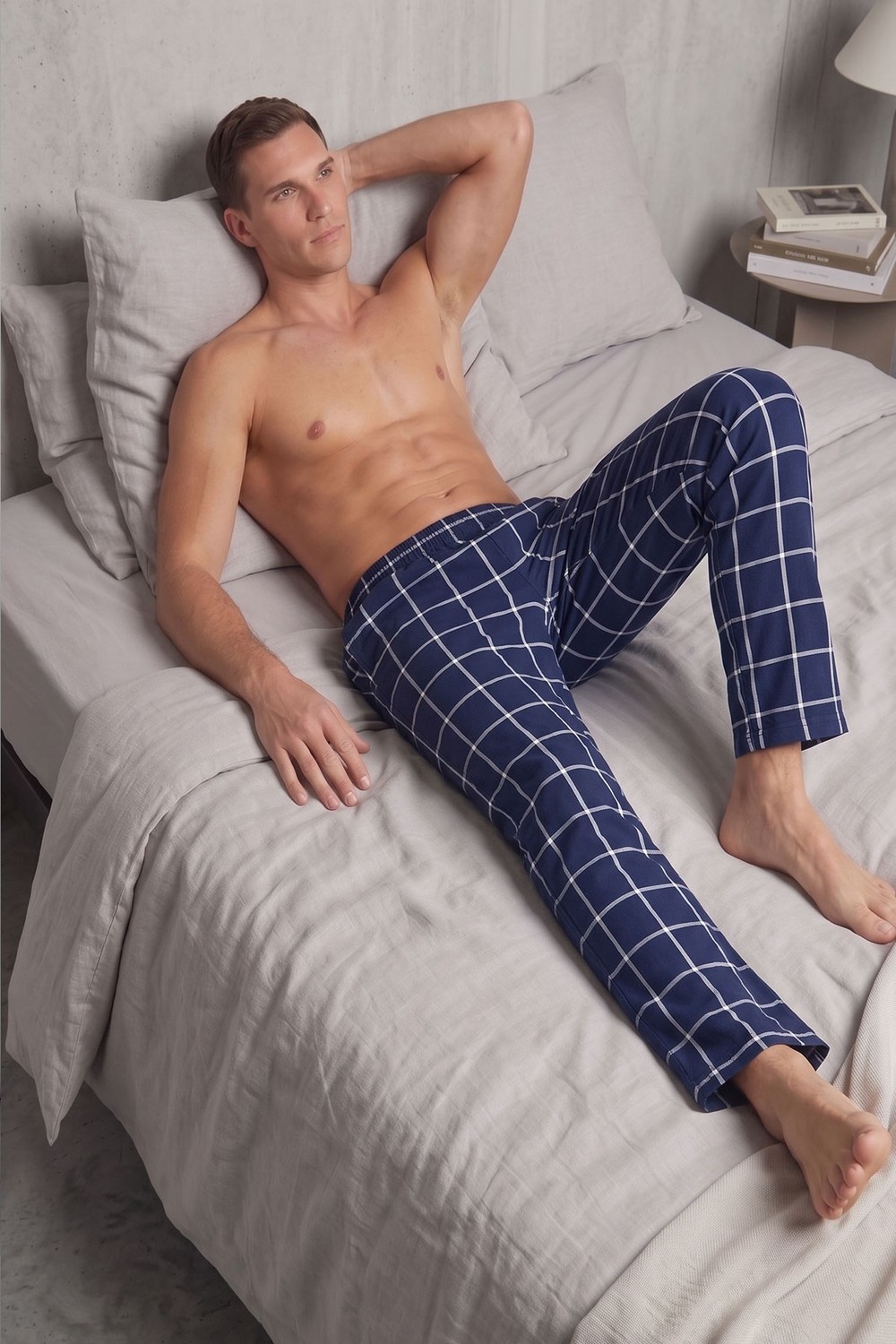 Mısırlı Erkek Pamuk İnce Ekoseli Alt  Pijama Açık Lacivert