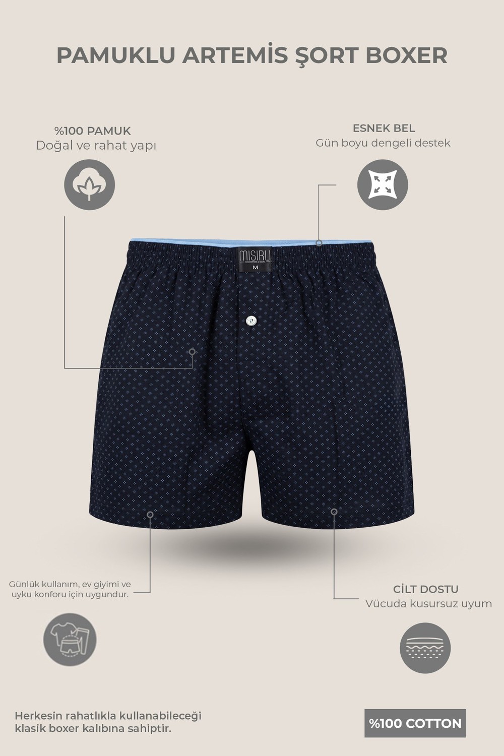 Mısırlı Erkek Pamuk Artemis Relax Fit Boxer Nokta Desenli/Lacivert