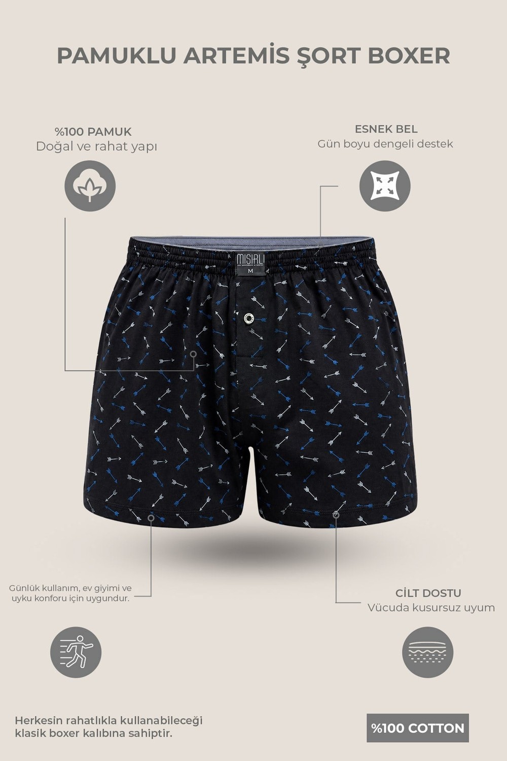 Mısırlı Erkek Pamuk Artemis Relax Fit Boxer Ok Desenli/Siyah